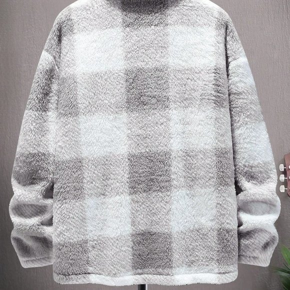 Light Grey Preppy Mens Buffalo Plaid Pattern Flap Pocket Coat - Picture 4 of 5